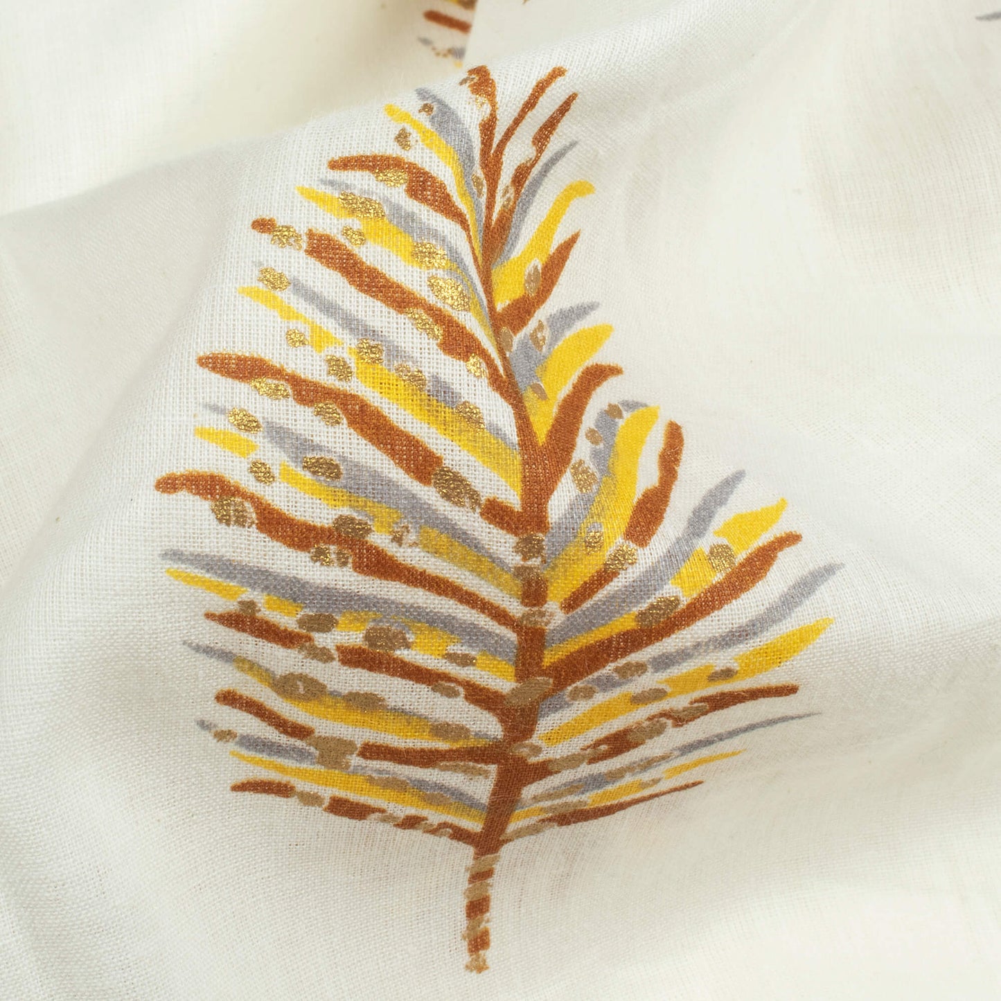 Off White And Laguna Yellow Leaf Pattern Screen Print Cotton Cambric Fabric