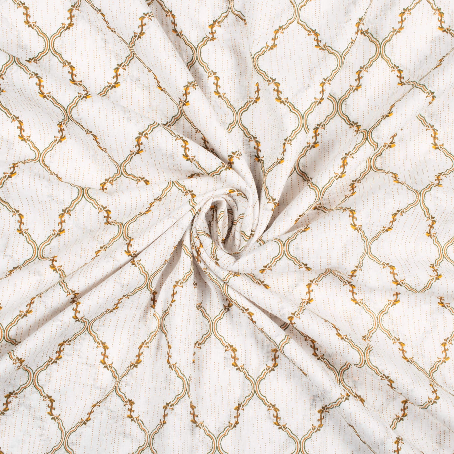 Off White And Fern Green Trellis Pattern Screen Print Cotton Cambric Fabric