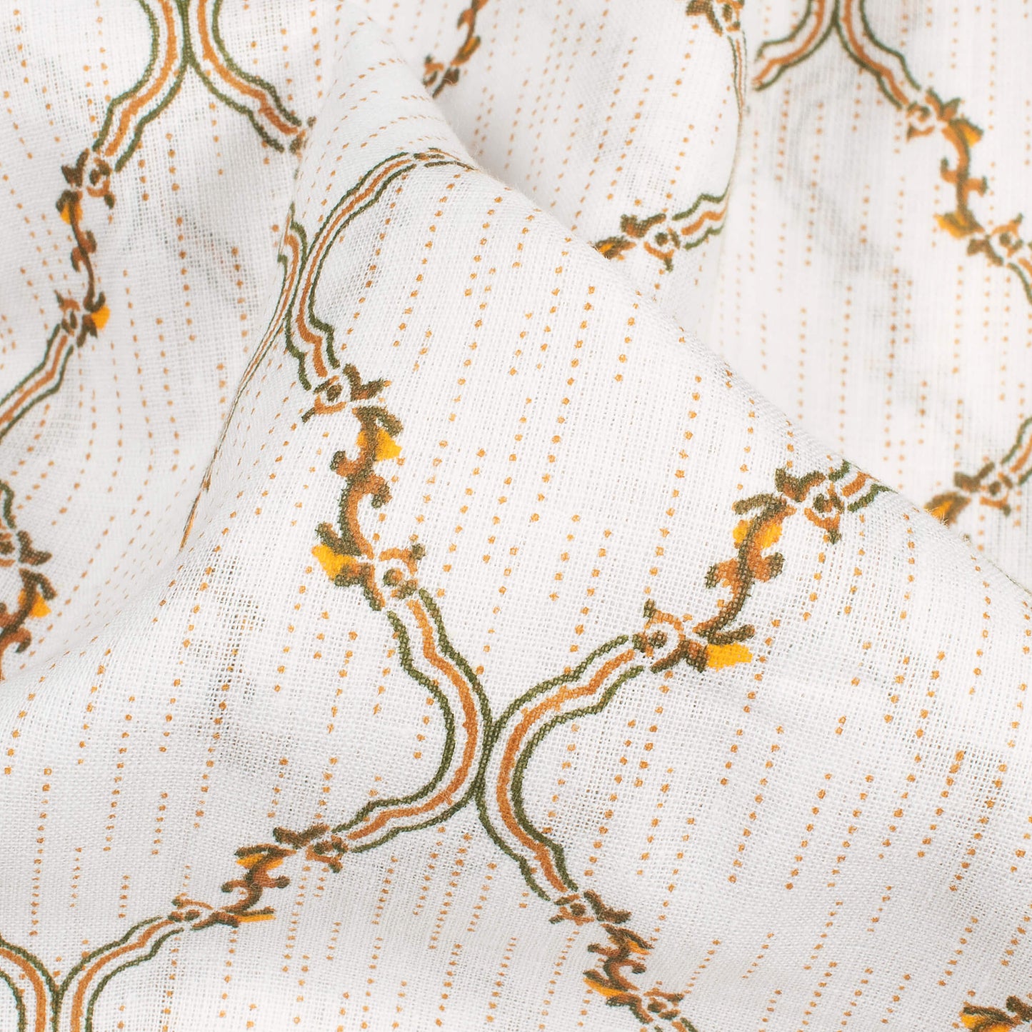 Off White And Fern Green Trellis Pattern Screen Print Cotton Cambric Fabric
