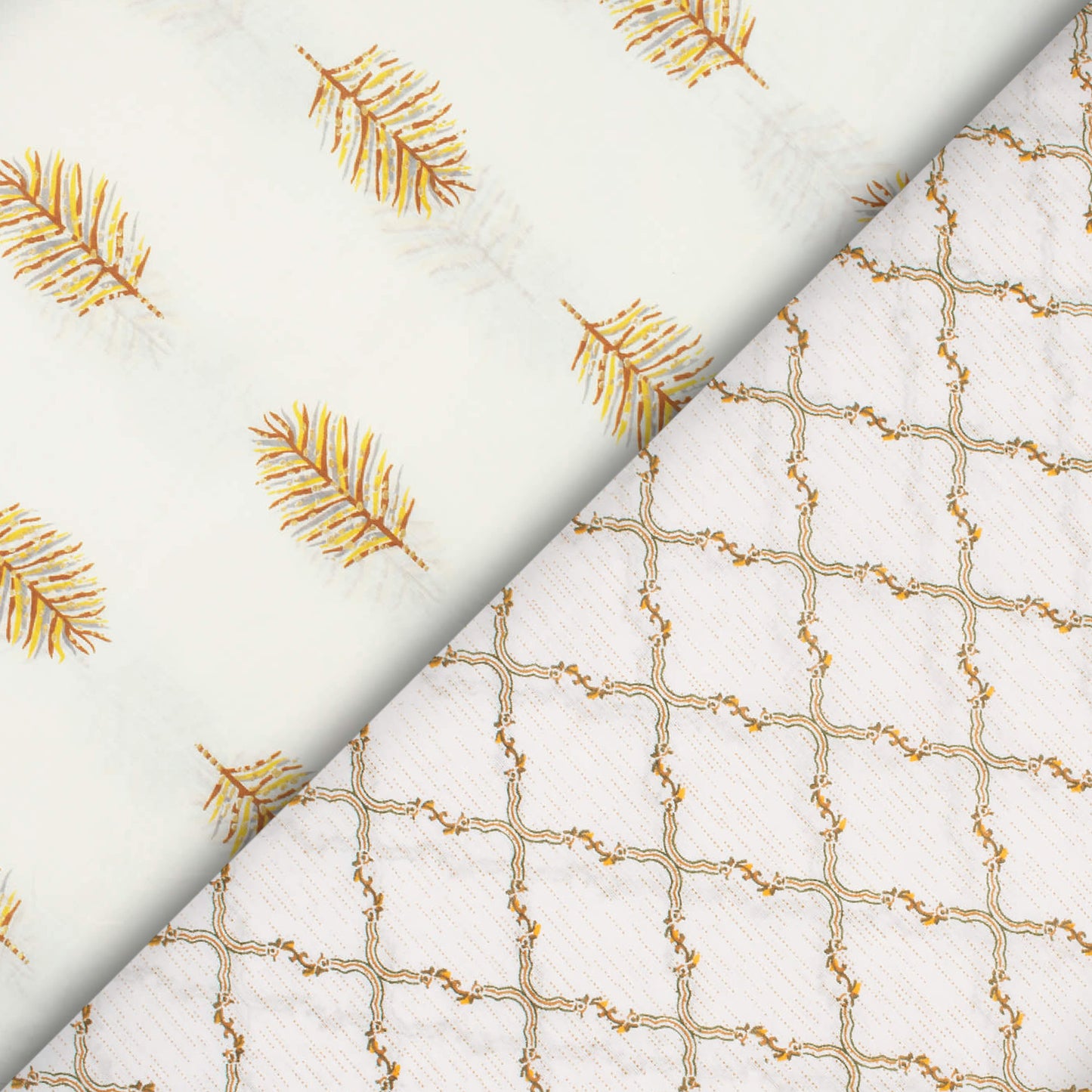 Off White And Fern Green Trellis Pattern Screen Print Cotton Cambric Fabric