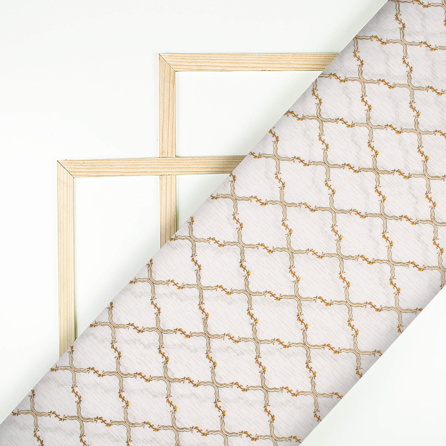 Off White And Fern Green Trellis Pattern Screen Print Cotton Cambric Fabric