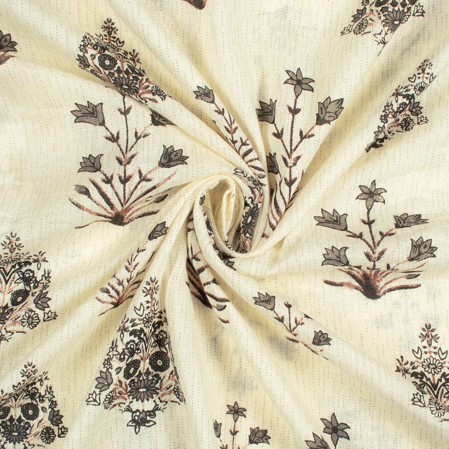 Off White And Lava Grey Floral Pattern Screen Print Cotton Cambric Fabric