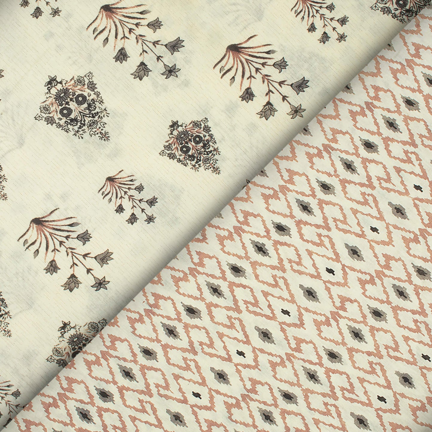 Off White And Lava Grey Floral Pattern Screen Print Cotton Cambric Fabric