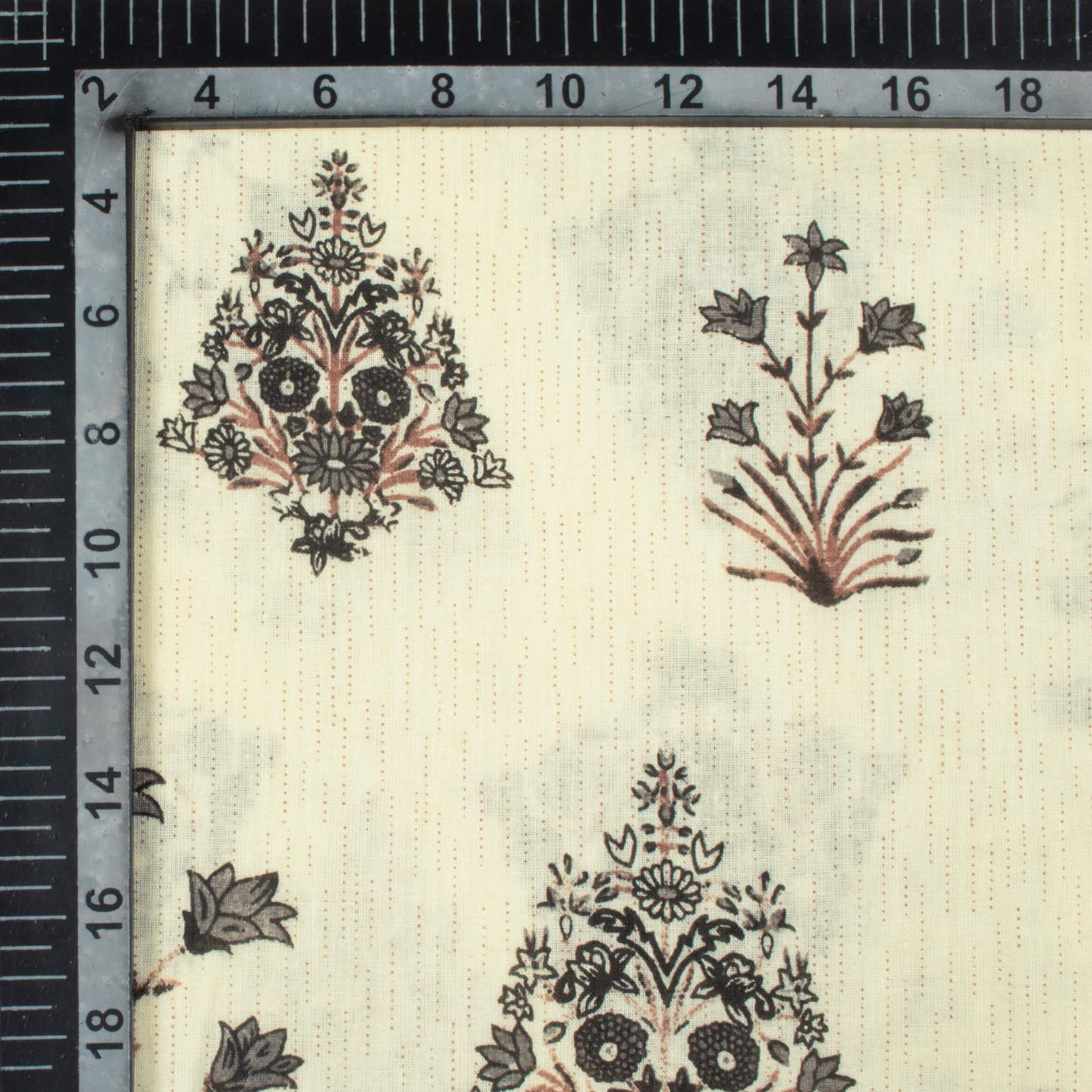 Off White And Lava Grey Floral Pattern Screen Print Cotton Cambric Fabric