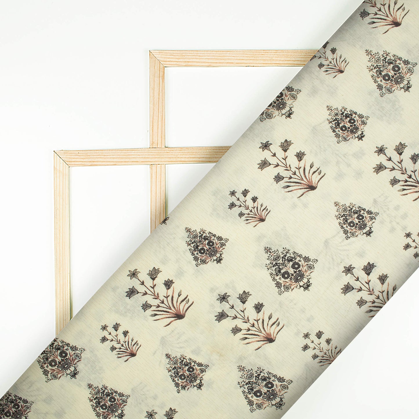 Off White And Lava Grey Floral Pattern Screen Print Cotton Cambric Fabric