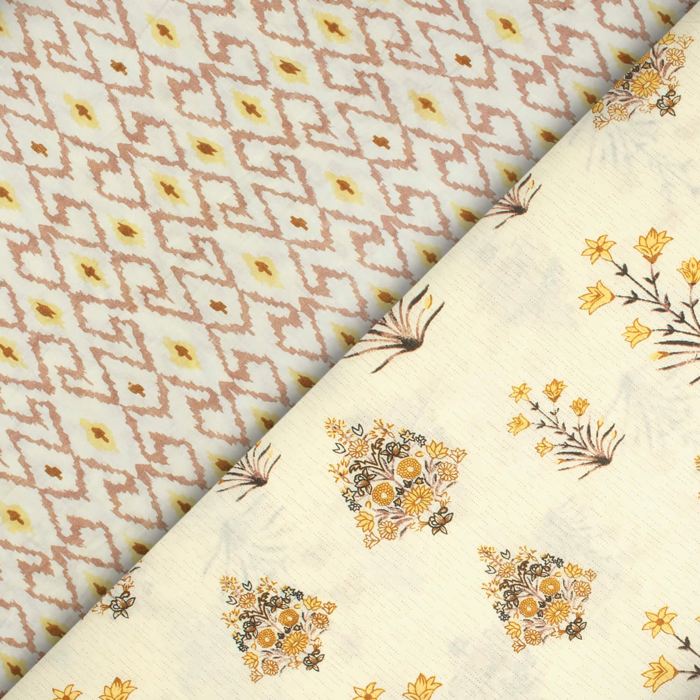 Off White And Laguna Yellow Trellis Pattern Screen Print Cotton Cambric Fabric