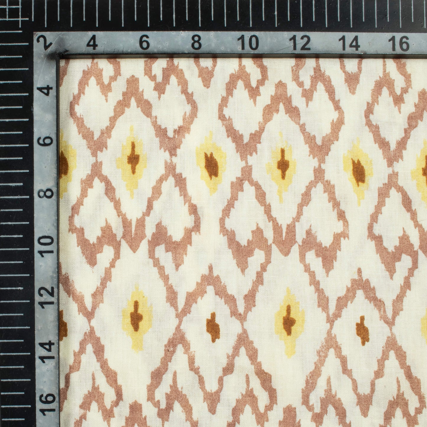 Off White And Laguna Yellow Trellis Pattern Screen Print Cotton Cambric Fabric