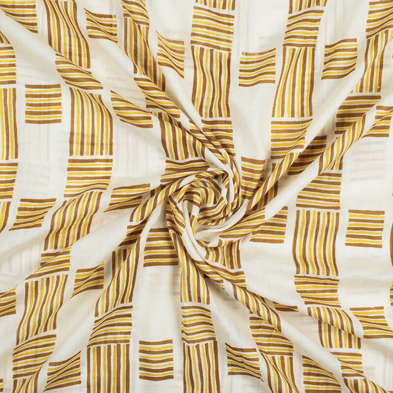 White And Tortilla Brown Geometric Pattern Screen Print Cotton Mulmul Fabric - Fabcurate