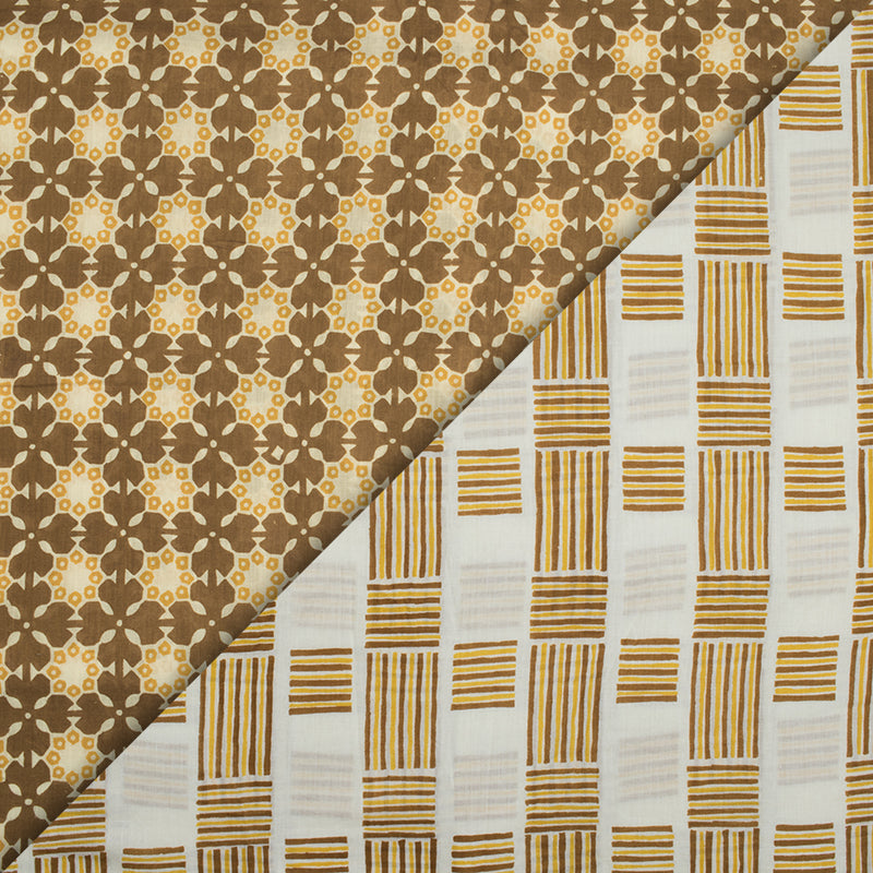 White And Tortilla Brown Geometric Pattern Screen Print Cotton Mulmul Fabric - Fabcurate