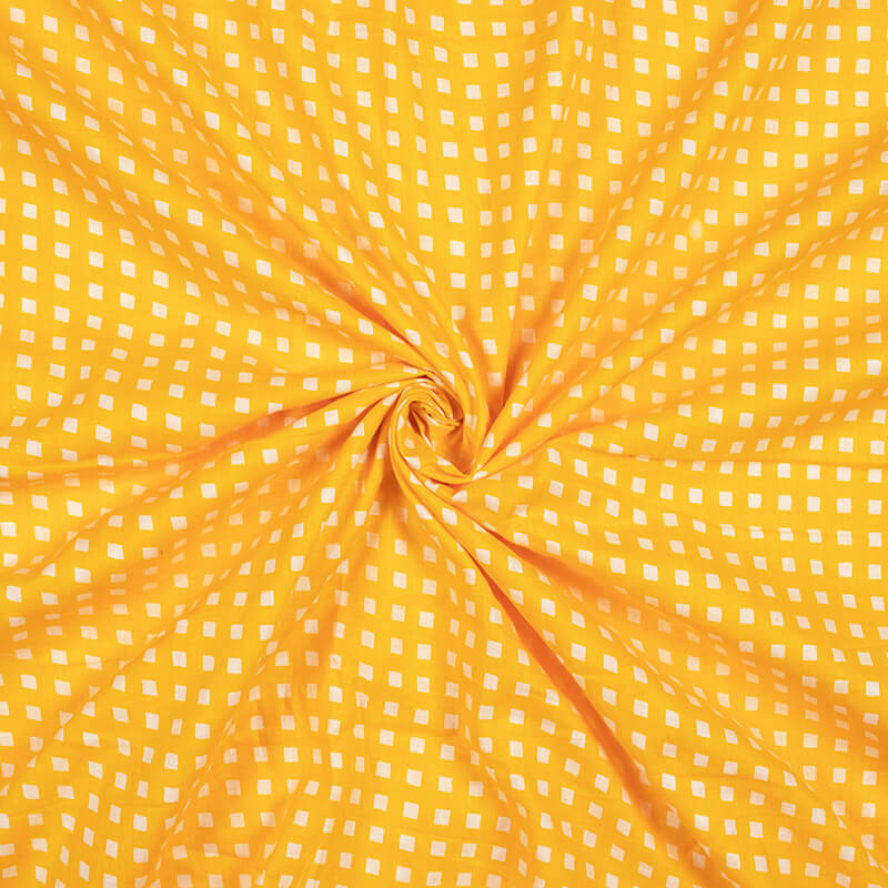 Yellow And Off White Geometric Pattern Screen Print Mulmul Fabric - Fabcurate