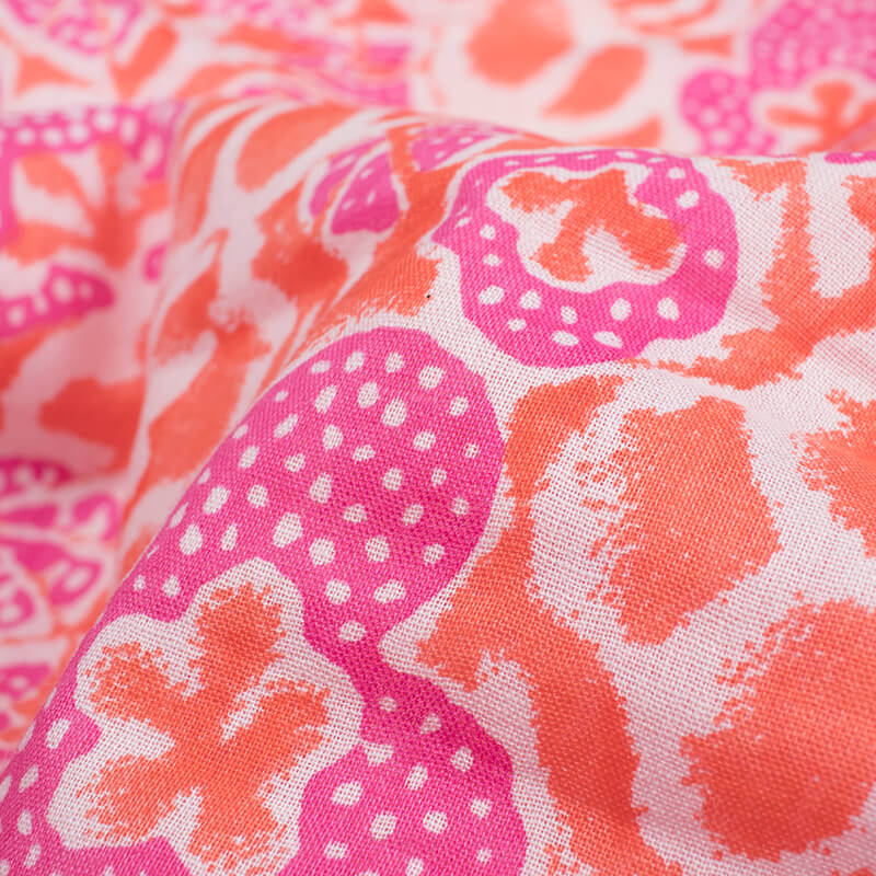 Orange And Pink Floral Pattern Screen Print Mulmul Fabric - Fabcurate