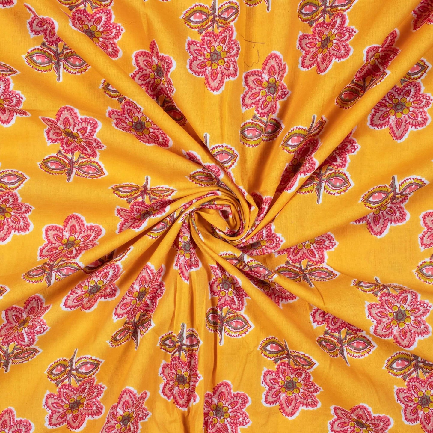 Honey Yellow And Punch Pink Floral Pattern Screen Print Cotton Mulmul Fabric - Fabcurate