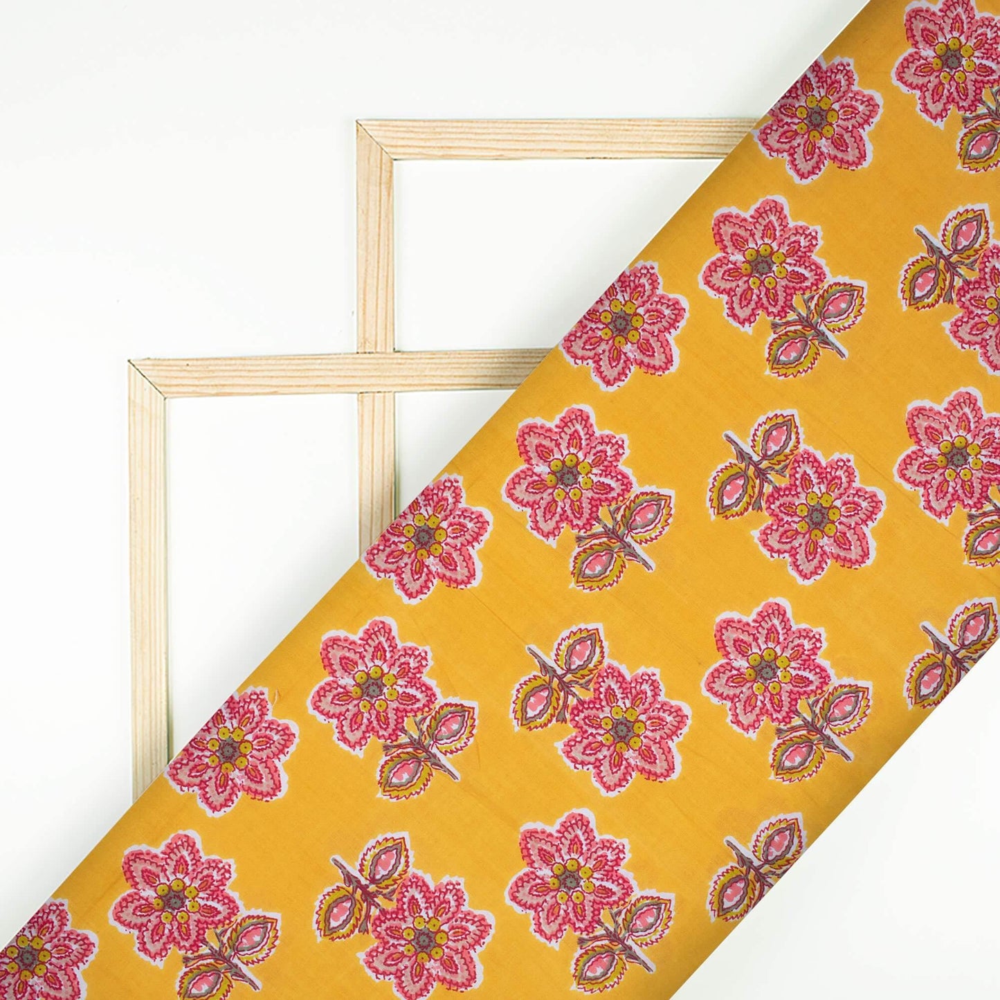 Honey Yellow And Punch Pink Floral Pattern Screen Print Cotton Mulmul Fabric - Fabcurate