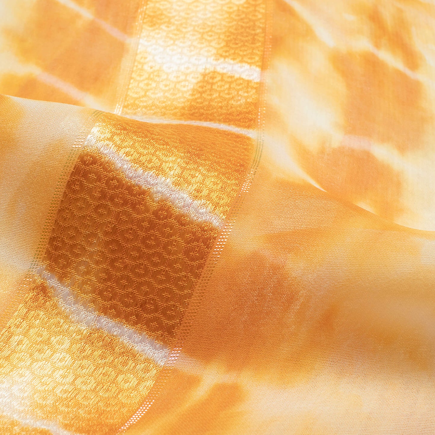 Cidar Orange And White Shibori Hand Tie & Dye Stripes Lurex Jacquard Georgette Fabric