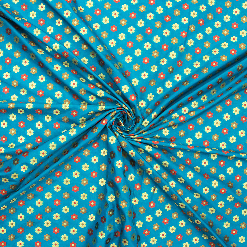 Sky Blue And Orange Floral Pattern Zari Jacquard Banarasi Taffeta Silk Fabric - Fabcurate