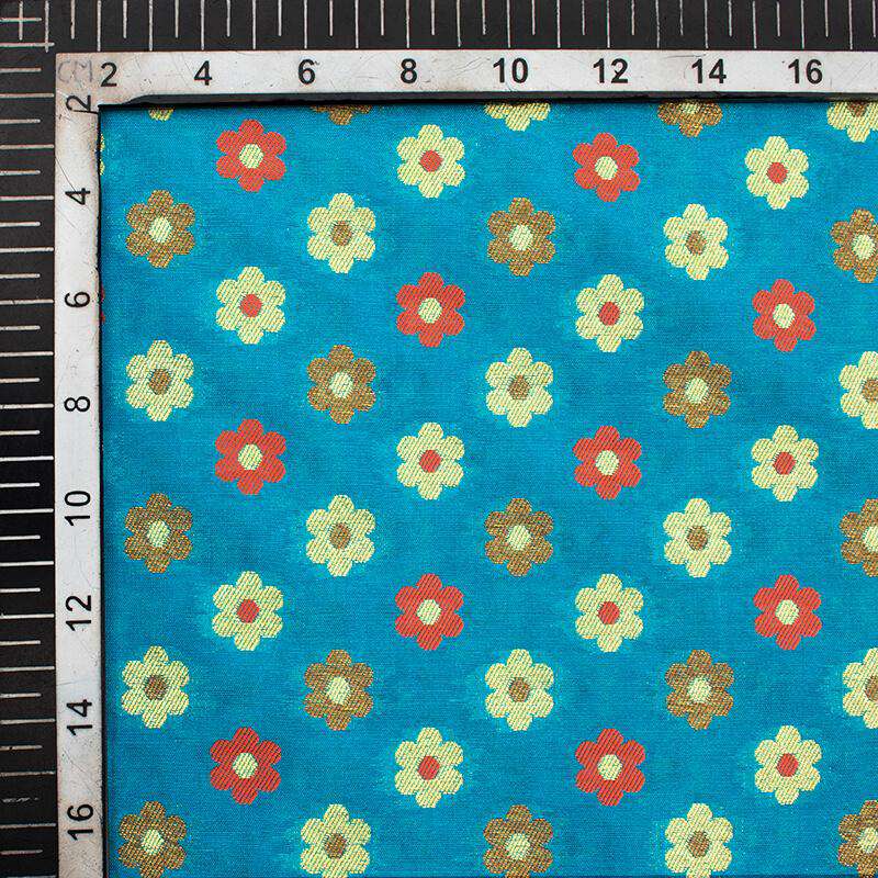 Sky Blue And Orange Floral Pattern Zari Jacquard Banarasi Taffeta Silk Fabric - Fabcurate