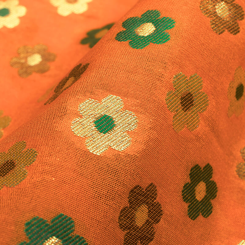 Orange And Green Floral Pattern Zari Jacquard Banarasi Taffeta Silk Fabric - Fabcurate