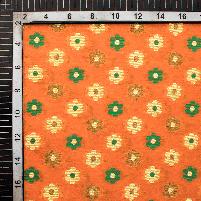 Orange And Green Floral Pattern Zari Jacquard Banarasi Taffeta Silk Fabric - Fabcurate