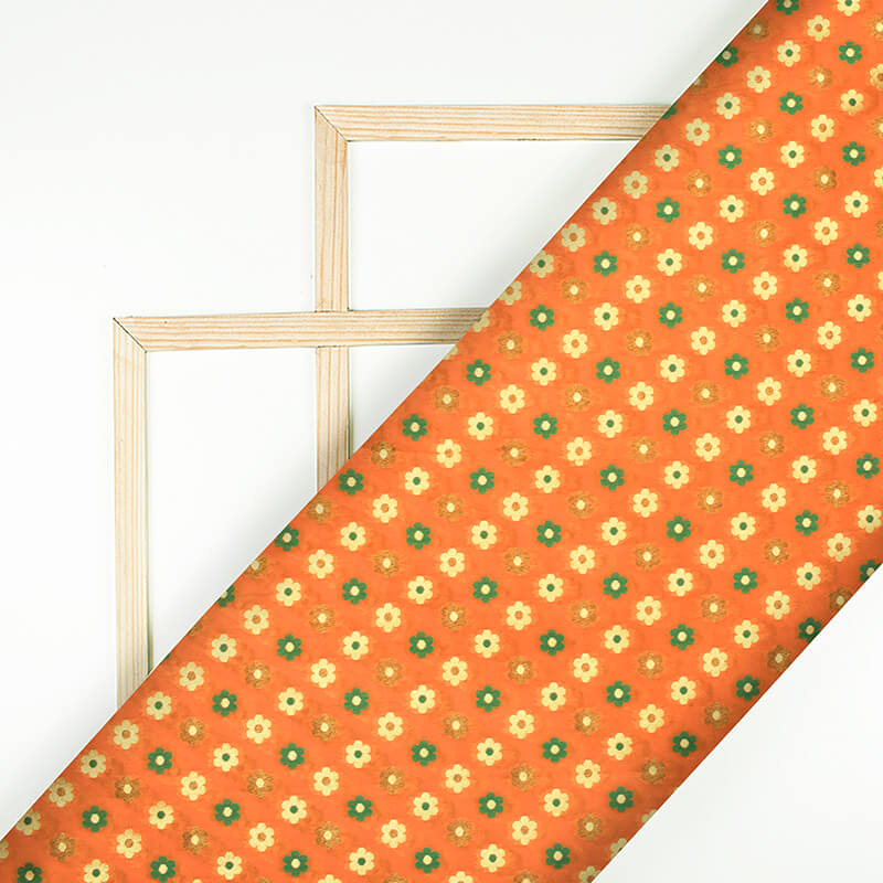 Orange And Green Floral Pattern Zari Jacquard Banarasi Taffeta Silk Fabric - Fabcurate