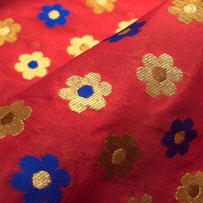 Red And Royal Blue Floral Pattern Zari Jacquard Banarasi Taffeta Silk Fabric