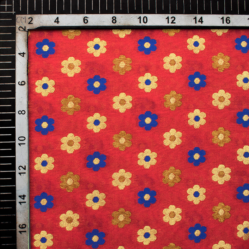Red And Royal Blue Floral Pattern Zari Jacquard Banarasi Taffeta Silk Fabric