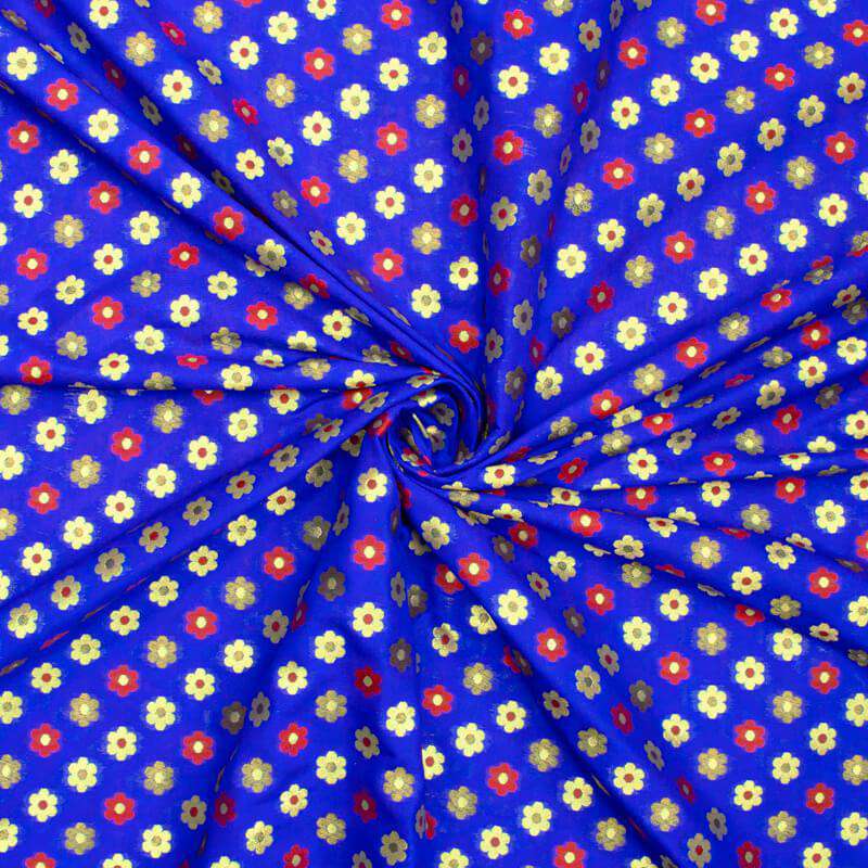 Royal Blue And Fuchsia Floral Pattern Zari Jacquard Banarasi Taffeta Silk Fabric - Fabcurate