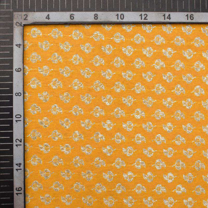 Yellow Booti Pattern Zari Jacquard Banarasi Taffeta Silk Fabric - Fabcurate