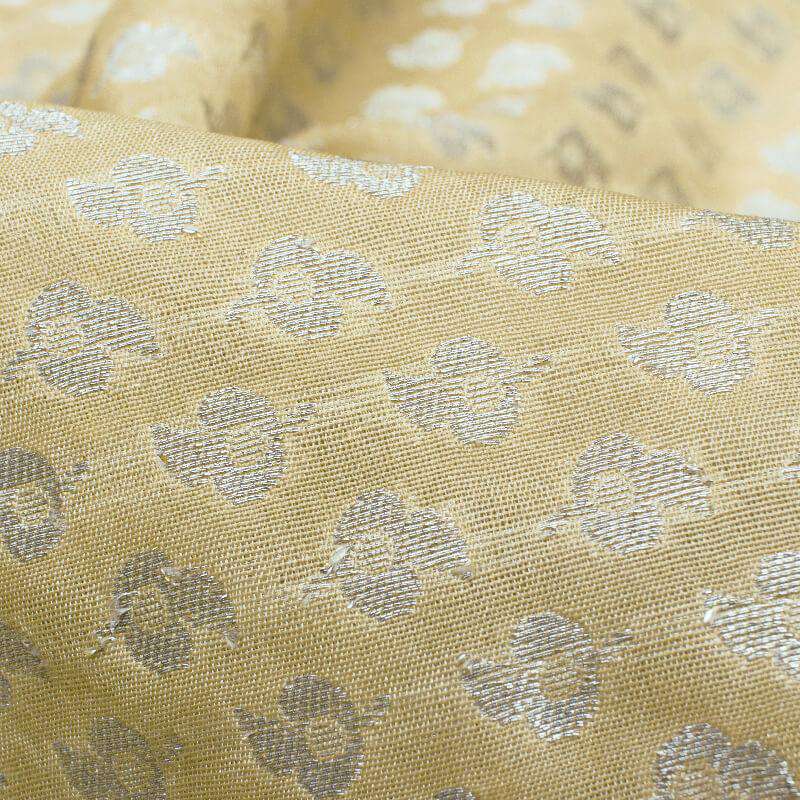 Beige Booti Pattern Zari Jacquard Banarasi Taffeta Silk Fabric - Fabcurate