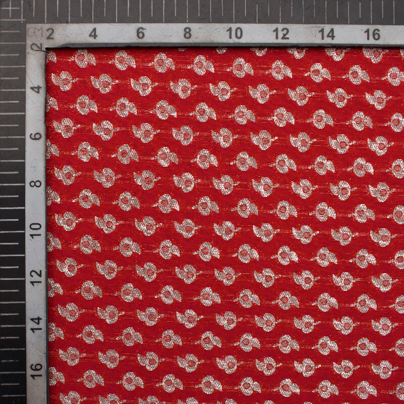 Red Booti Pattern Zari Jacquard Banarasi Taffeta Silk Fabric - Fabcurate