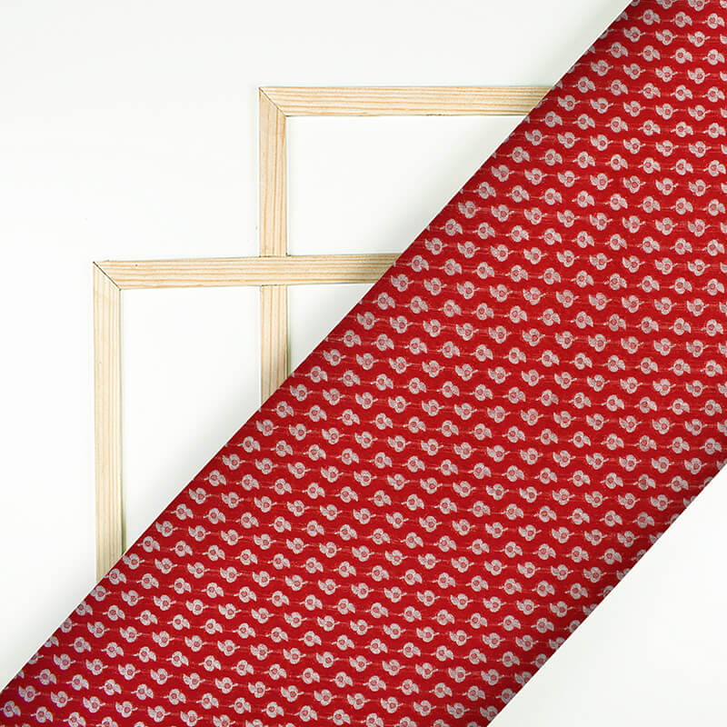 Red Booti Pattern Zari Jacquard Banarasi Taffeta Silk Fabric - Fabcurate