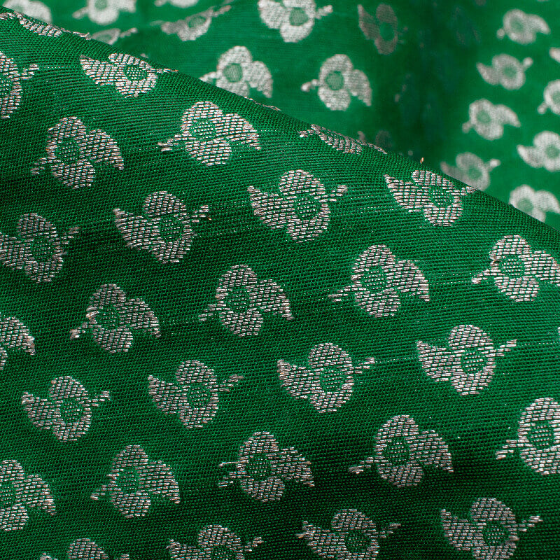 Green Booti Booti Pattern Zari Jacquard Banarasi Taffeta Silk Fabric - Fabcurate
