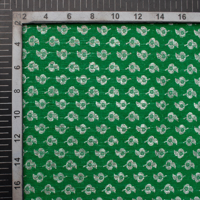 Green Booti Booti Pattern Zari Jacquard Banarasi Taffeta Silk Fabric - Fabcurate