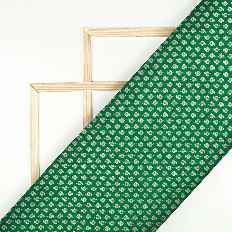 Green Booti Booti Pattern Zari Jacquard Banarasi Taffeta Silk Fabric - Fabcurate