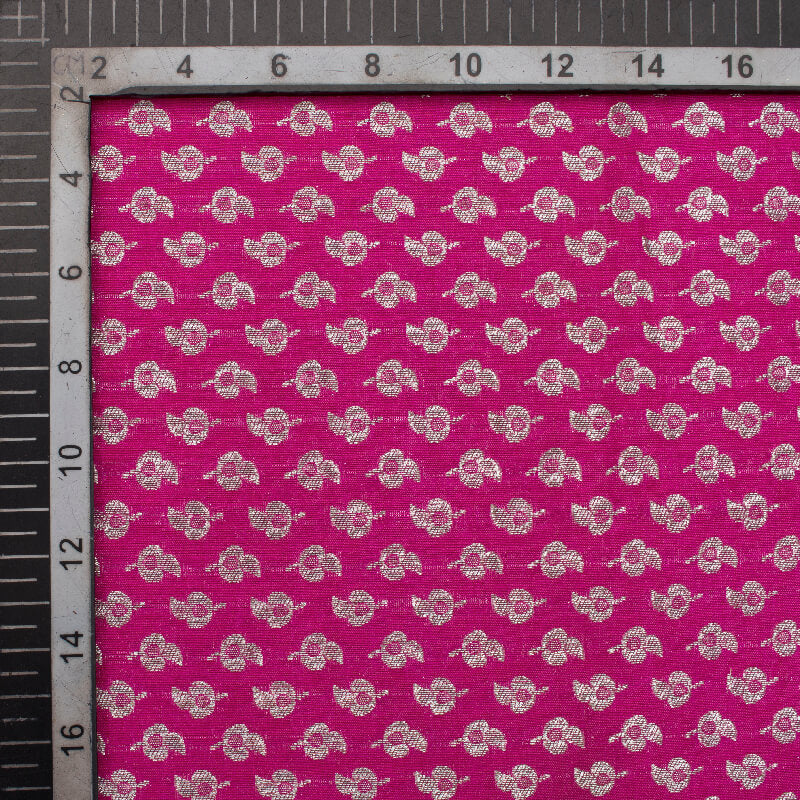 Fuchsia Booti Pattern Zari Jacquard Banarasi Taffeta Silk Fabric - Fabcurate