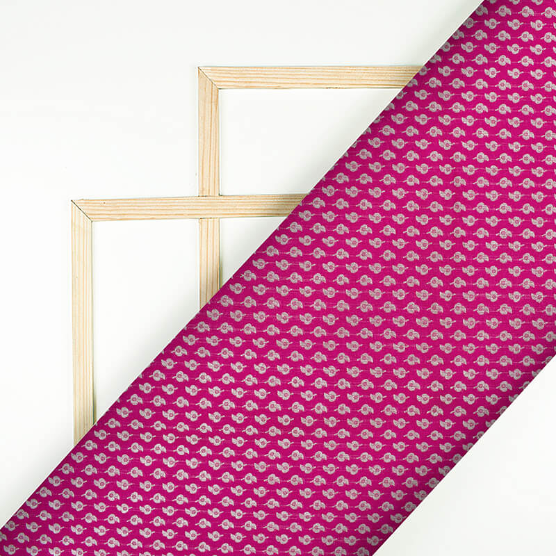 Fuchsia Booti Pattern Zari Jacquard Banarasi Taffeta Silk Fabric - Fabcurate