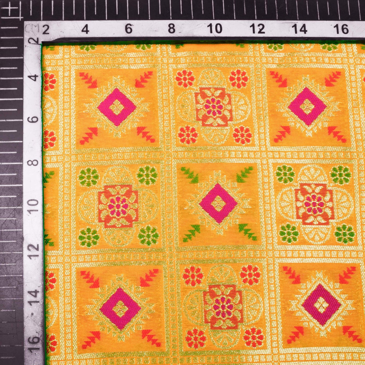 Yellow And Fuchsia Traditional Pattern Zari Jacquard Banarasi Taffeta Silk Fabric