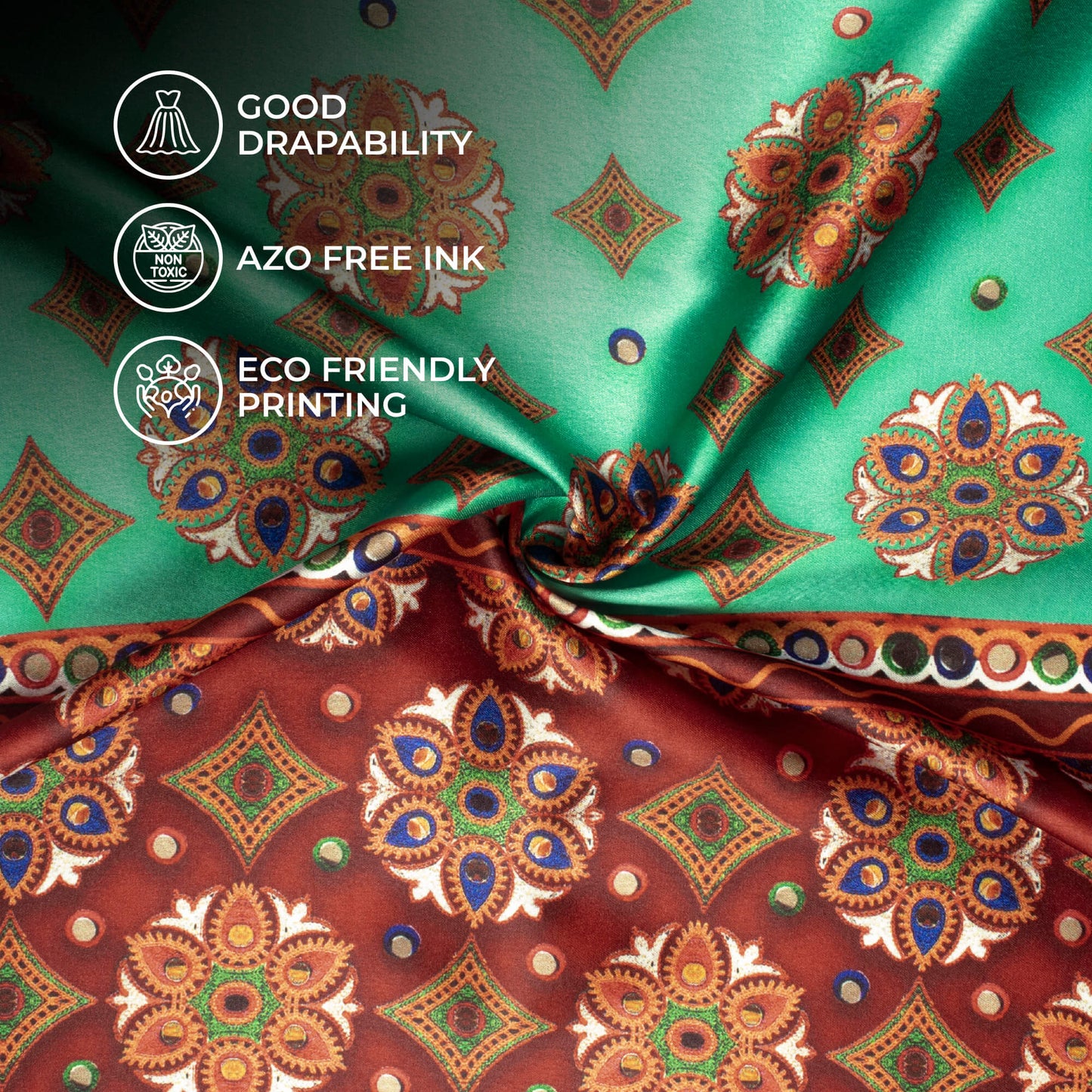 Aqua Green And Maroon Gamthee Pattern Digital Print Japan Satin Fabric