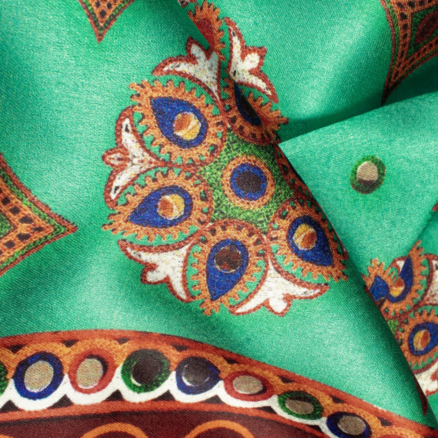 Aqua Green And Maroon Gamthee Pattern Digital Print Japan Satin Fabric