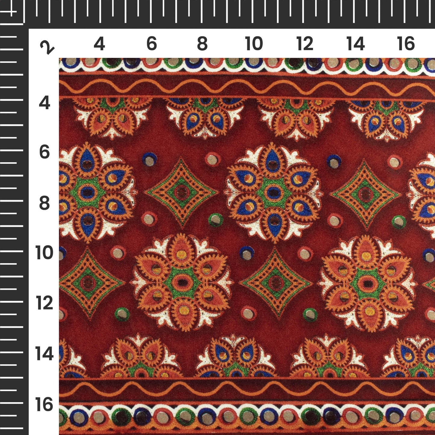 Aqua Green And Maroon Gamthee Pattern Digital Print Japan Satin Fabric
