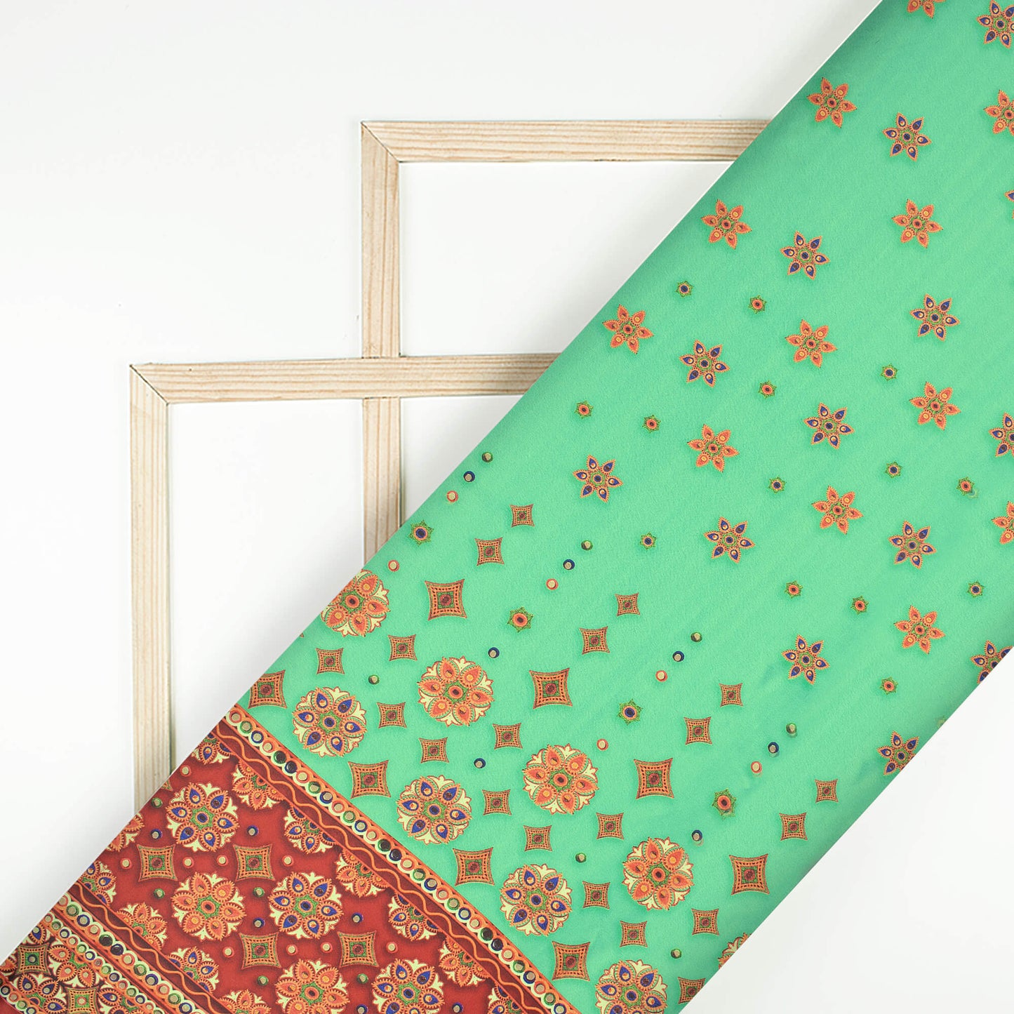 Aqua Green And Maroon Gamthee Pattern Digital Print Japan Satin Fabric