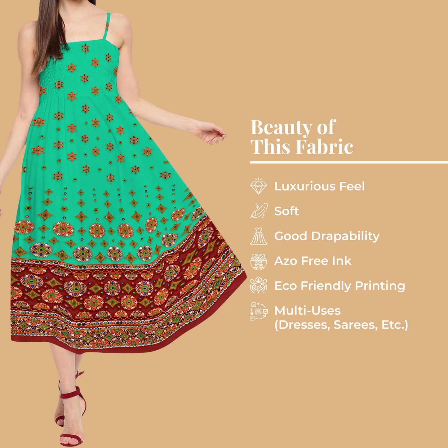 Aqua Green And Maroon Gamthee Pattern Digital Print Japan Satin Fabric