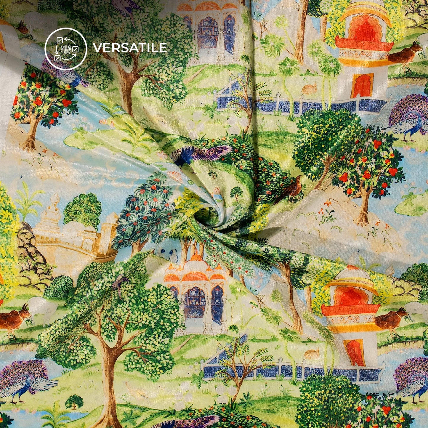 Peacock Garden Madhubani Digital Print Premium Velvet Fabric