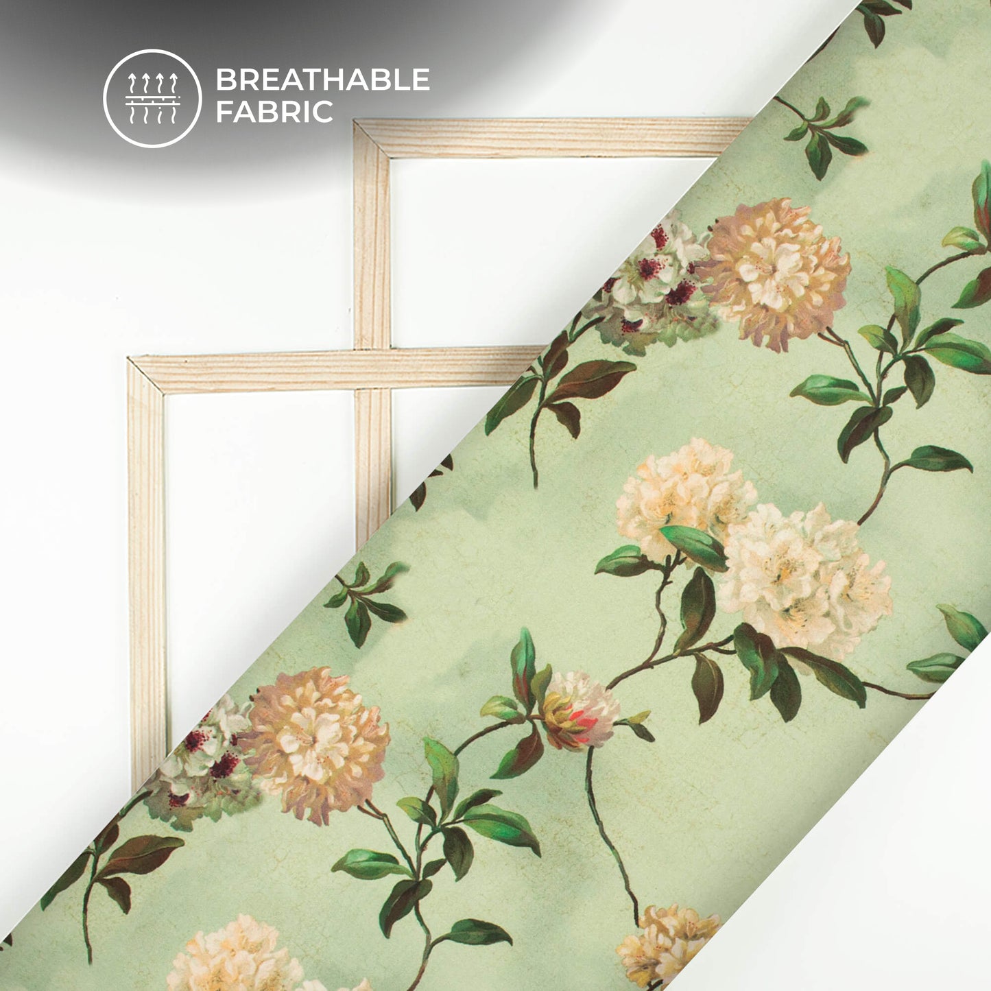 Tea Green And Beige Floral Pattern Digital Print Muslin Fabric