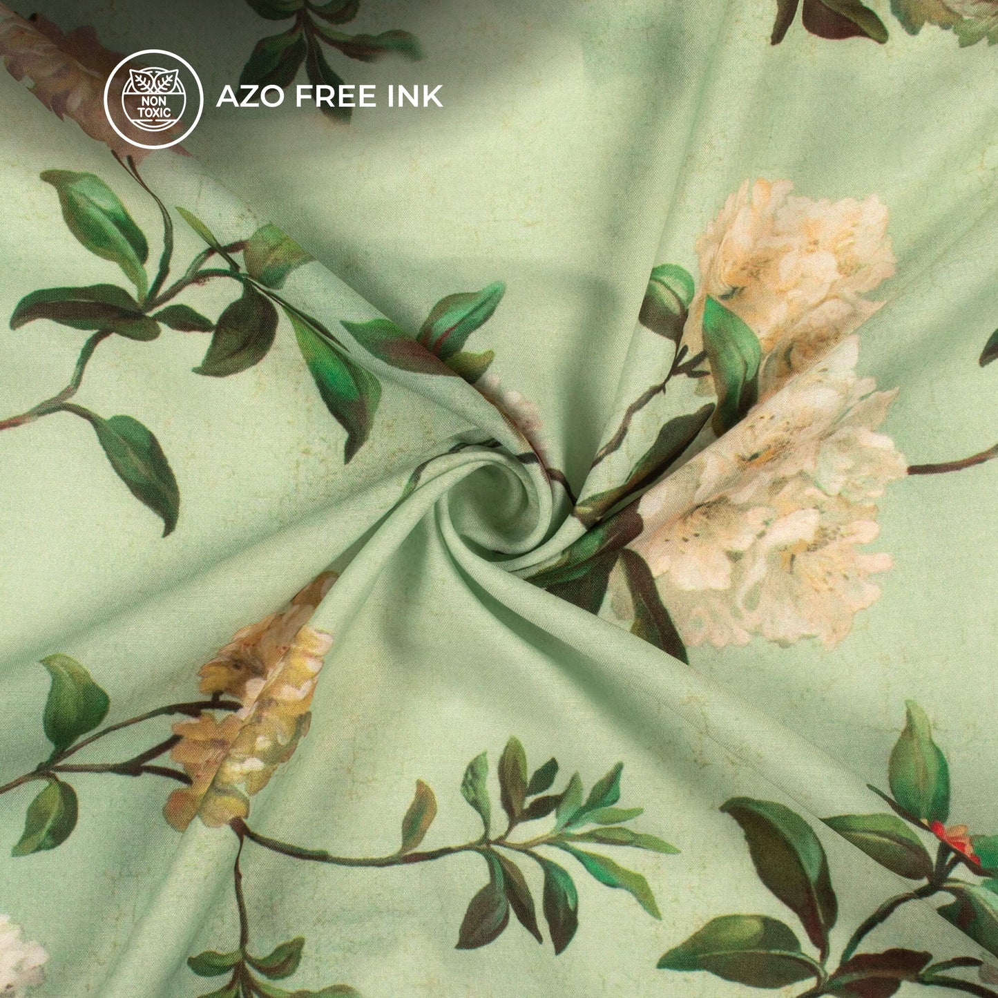 Tea Green And Beige Floral Pattern Digital Print Muslin Fabric