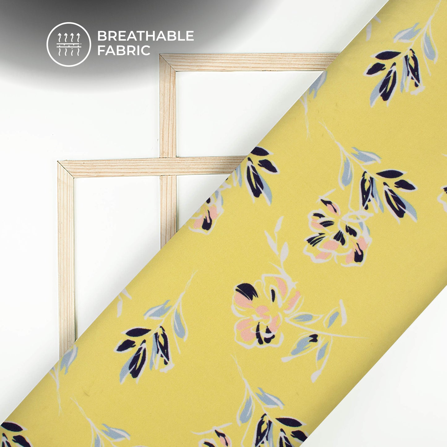 Pastel Yellow And Navy Blue Leaf Pattern Digital Print Muslin Fabric