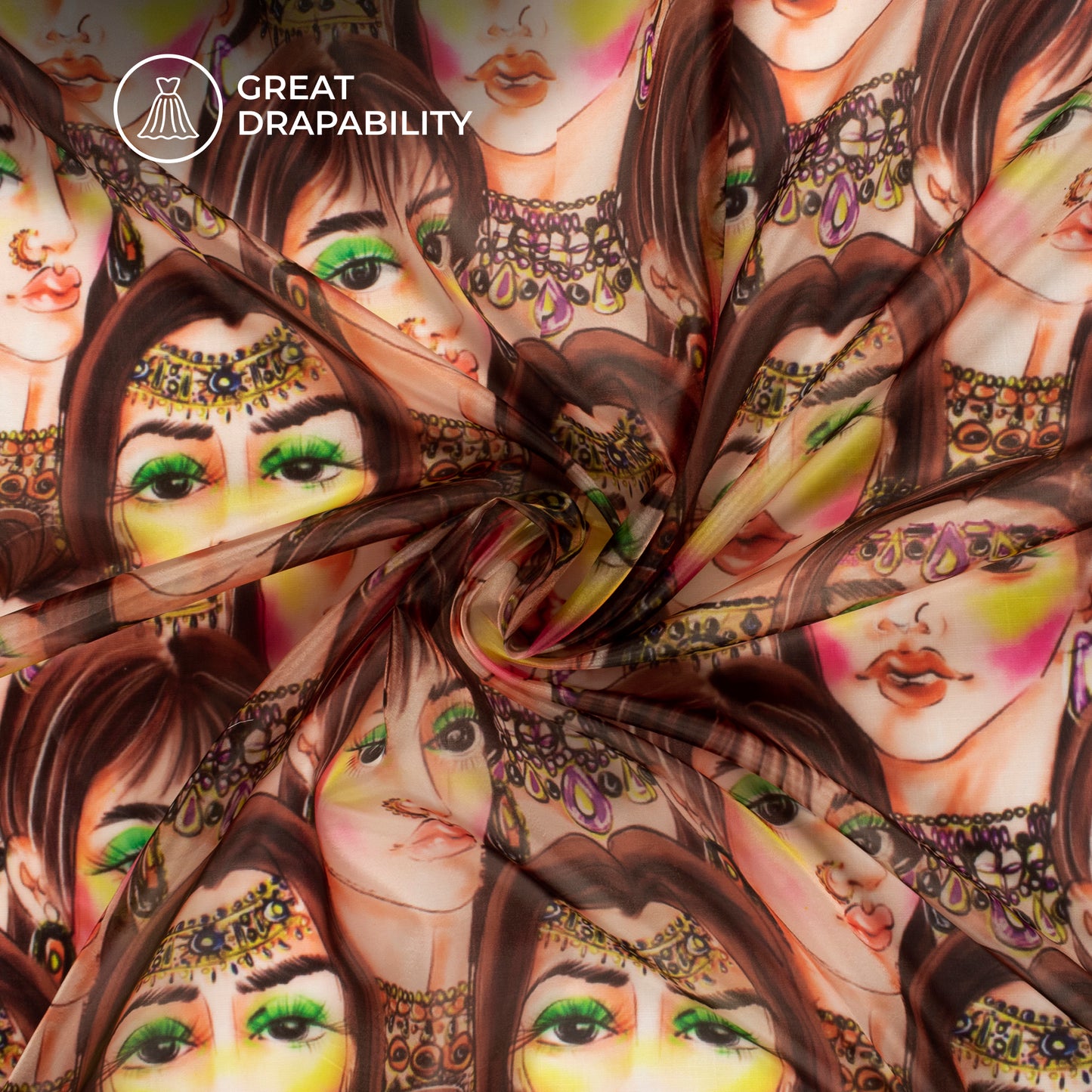 Impressive Quirky Digital Print Organza Satin Fabric