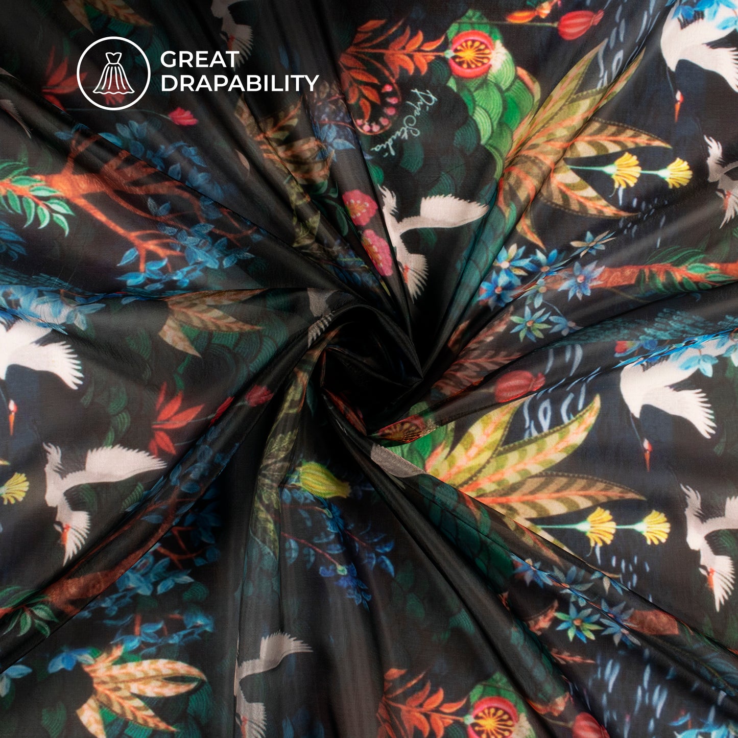 Black Floral Digital Print Organza Satin Fabric