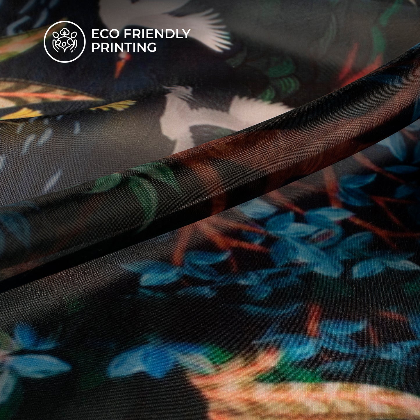 Black Floral Digital Print Organza Satin Fabric