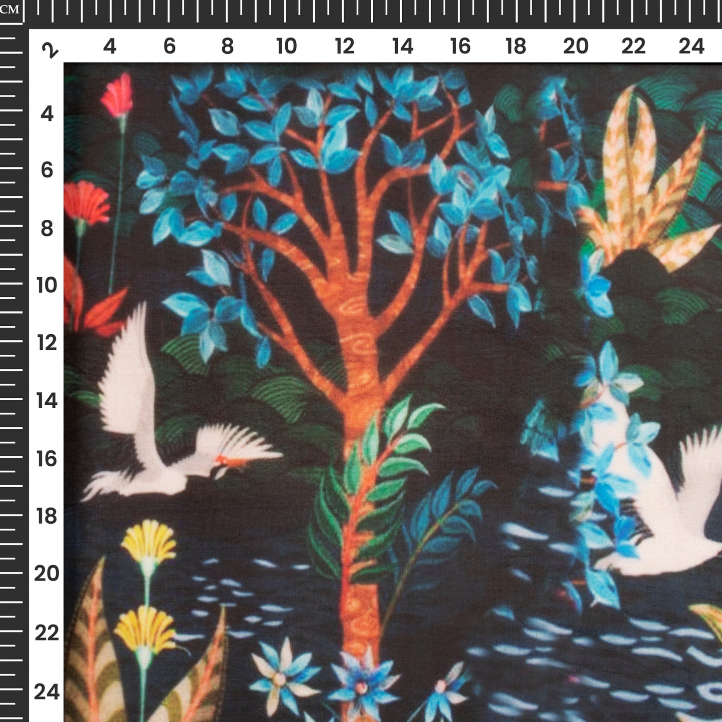 Black Floral Digital Print Organza Satin Fabric