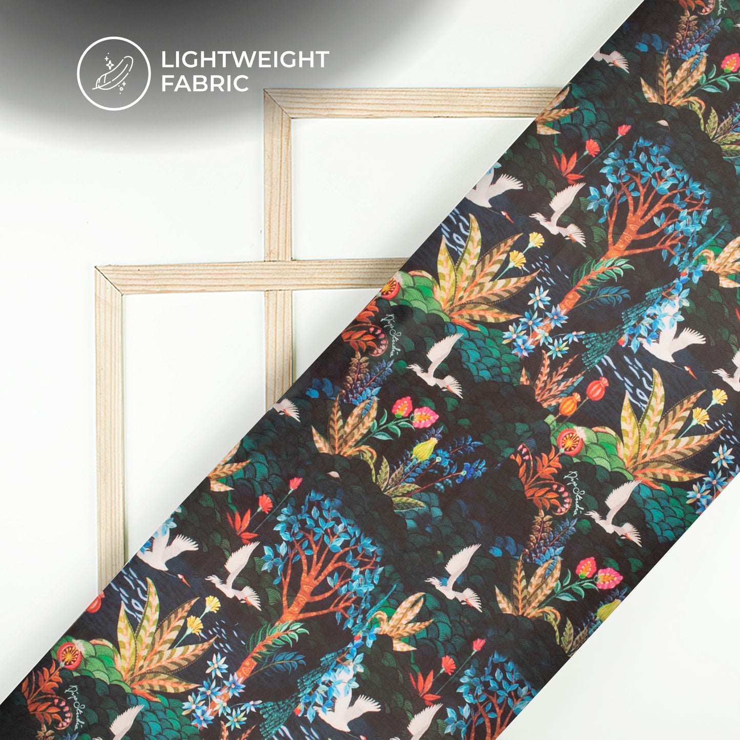 Black Floral Digital Print Organza Satin Fabric
